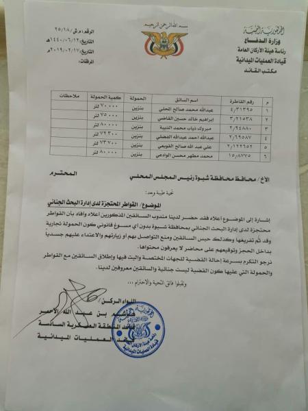 توتر بين هاشم الأحمر ومحافظ شبوة على خلفية احتجاز البحث الجنائي لقاطرات نفط بالمحافظة (وثيقة)