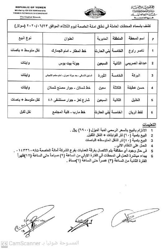 كشوفات بـ أسماء المحطات العاملة في امانة العاصمة "بنزين+ديزل" ليوم الثلاثاء 23 يونيو 2020م