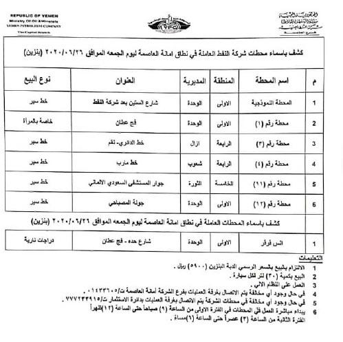 كشوفات بـ أسماء المحطات العاملة في امانة العاصمة "بنزين + ديزل" ليوم الجمعه 26 يونيو 2020م