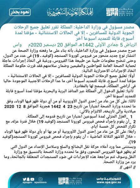 السعودية تقرر تعليق جميع الرحلات الجولية الدولية للمسافرين، لمدة اسبوع قابلة للتمديد 