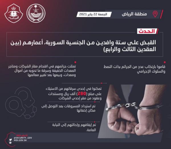 شرطة الرياض تطيح بستة وافدين قاموا بعمليات سرقات كبيرة
