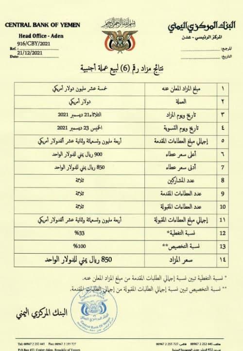 بنك عدن المركزي يعلن عن أعلى سعر عطاء للدولار الواحد
