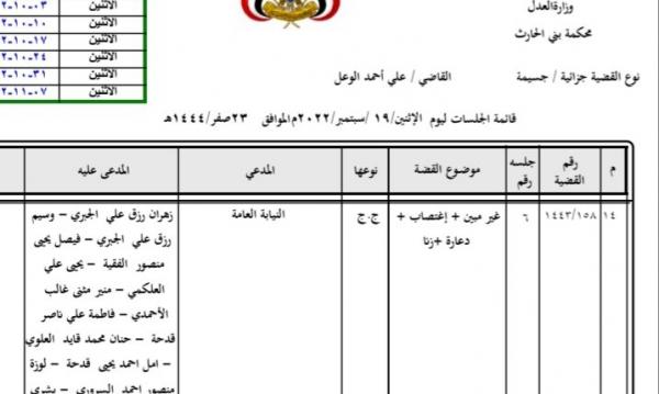 غداَ الإثنين بدء موعد محاكمة 10 متهمين باغتصاب الطفلة زهور وشقيقاتها بصنعاء