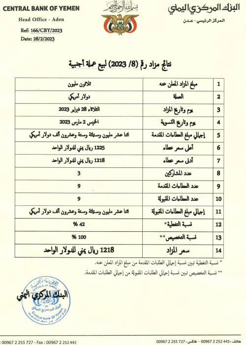 البنك المركزي اليمني يعلن عن نتائج المزاد رقم (8-2023) لبيع عملة أجنبية