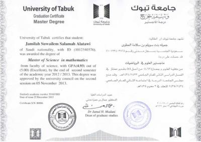 الإستاذه جميله بنت سويلم العطوي تحصل على درجة الماجستير 
