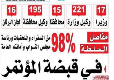 (بالصورة) صحيفة يمنية تكشف بالأرقام نسبة سيطرت الإصلاح والمؤتمر على الوظائف والمناصب باليمن «أرقام»