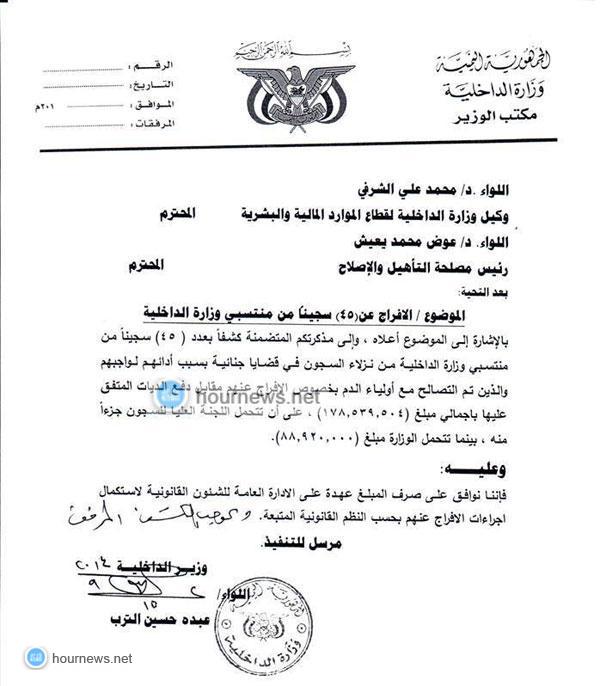 بشرى سارة لمساجين وزارة الداخلية: اللواء الترب يوجه بالإفراج عن (45) سجين من منتسبي وزارة الداخلية (وثائق + أسماء المنتسبين)