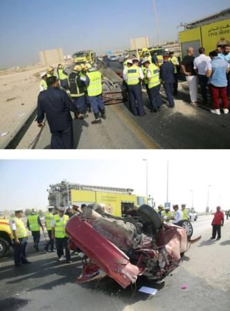 حادث مروري مروع يودي بحياة مغترب يمني ونجله وإصابة زوجته وابنته في السعودية بالبحرين (صور)