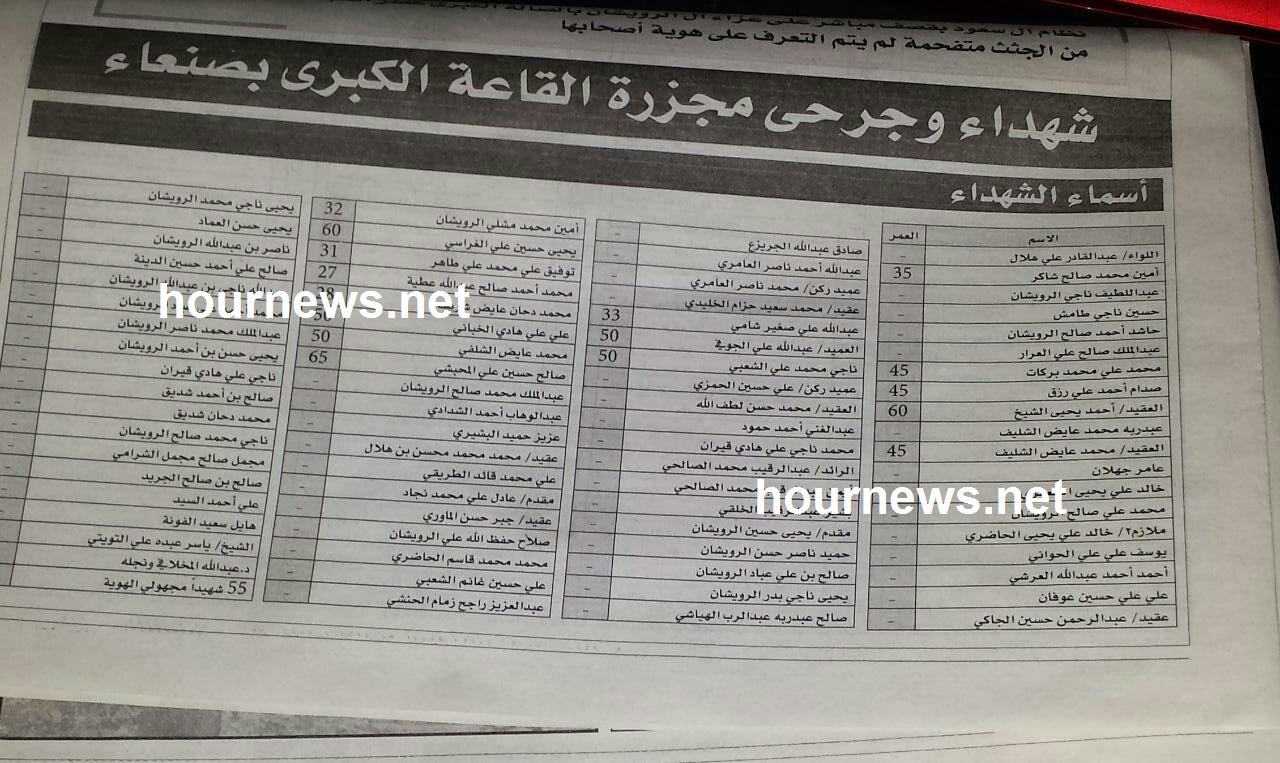 اخبار الساعة ينفرد من المواقع بنشر أسماء شهداء مجزرة القاعة الكبرى بصنعاء (كشف)