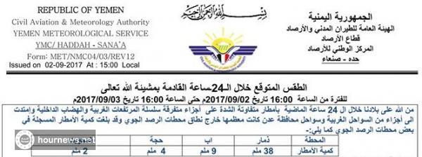حالة الطقس المتوقعة بمشيئة الله تعالى حتى عصر غدٍ الأحد 3 سبتمبر/أيلول 2017