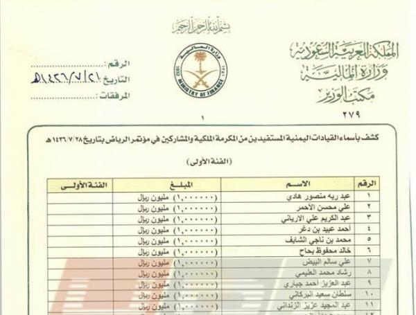 بالأسماء :وثائق مسربة تكشف حجم الأموال التي تلقتها شخصيات يمنية من الجهات السعودية خلال الحرب