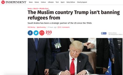 صحيفة “إندبندنت”: ترامب استثنى مواطني السعودية من حظر السفر الى أمريكا بالرغم من ارتباطها بالإرهاب