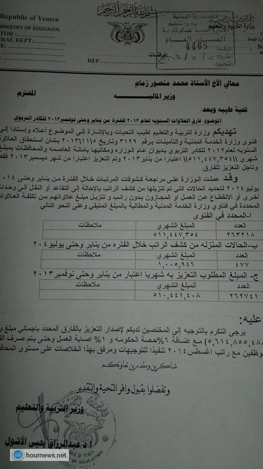 التربية والتعليم : الانتهاء من اعداد كشوفات العلاوة السنوية للعام 2012-2013م- وثائق