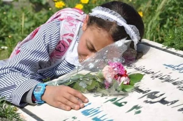 طفلة فلسطينية تقضى عيد الأم بجانب قبر والدتها وأشقائها - صور