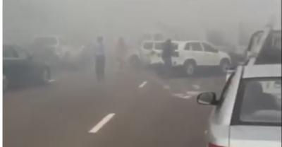 شاهد بالفيديو : اعنف حادث تصادم لـ 96 سيارة على طريق في أبوظبي الإماراتية