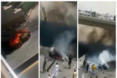 شاهد بالفيديو : حادث مروع يتسبب باحتراق سيارة وتفحم سائقها في السعودية
