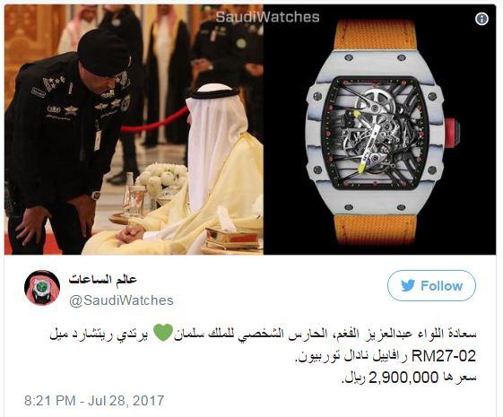 السعودية: هذه الملايين هي قيمة ساعة اليد التي يرتديها حارس الملك سلمان الشخصي عبد العزيز الفغم 