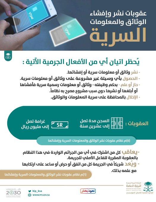 السعودية:عقوبات جسيمة لنشر وإفشاء الوثائق والمعلومات السرية